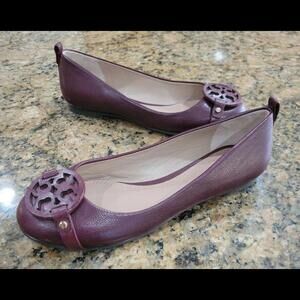 Tory Burch Logo Womens Miller Burgundy Leather Ballet Flats Slip On Shoes 5 $228